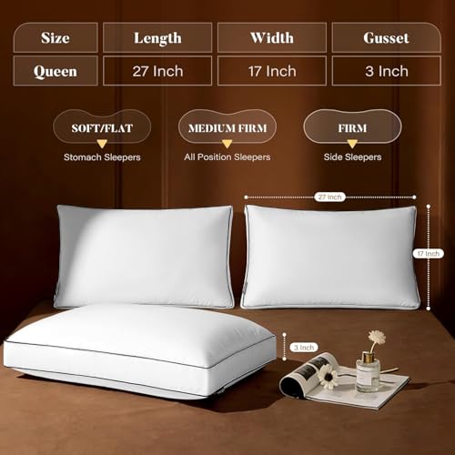 AQUZIN Goose Feather Down Pillow King Size Set of 2, Down Surrounded Hotel Collection Bed Pillows for Sleeping with Gusset, 2 Pack, Fluffy Plush for Side, Back Sleepers 20x36 in.