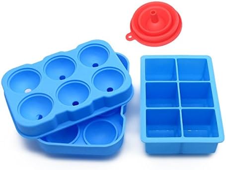 Chprot Silicone Ice Cube Trays Combo (Set of 2) &amp; Collapsible Funnel - Sphere Ice Ball Maker with Lid &amp; Large Square Molds,Reusable and BPA Free (Blue)