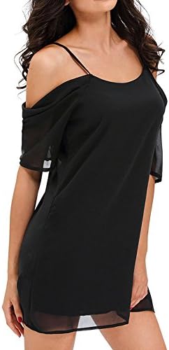 SEENSUN Women's Chiffon Cold Shoulder Casual Dress Trumpet Sleeve Spaghetti Strap Dress Top
