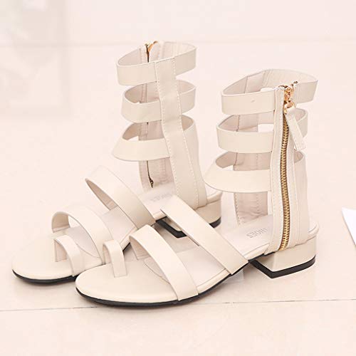 Vibola Women's Gladiator Sandals Buckle Ankle Strap,Peep Toe Zipper Closed Chunky Heeled Hiking Gardening Walking Shoes Beige
