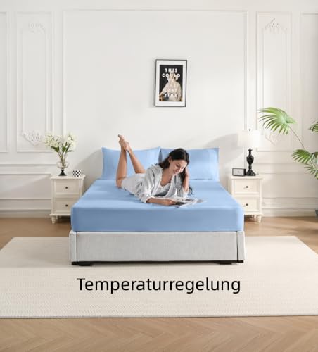 bienDo Fitted Sheet, 160 x 200 cm Bed, Vegan Bamboo Silk, 400 Thread Count, Pocket 35 cm, Cooling Sheet, Breathable and Soft – Blue