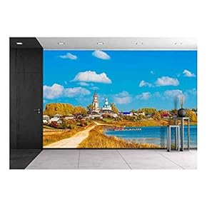 Russian Village Sredneivkino with a Church and Lake - Removable Wall Mural | Self-Adhesive Large Wallpaper - 66x96 inches