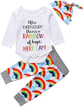 Newborn Infant Baby Girls Boys HERE I AM Romper Tops Rainbow Pants Hat Outfits Set 3Pcs Autumn Winter Clothes