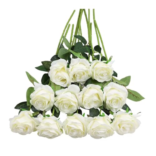 Photo 1 of Tifuly White Roses Artificial Flowers -12 pcs Realistic Single Long Stem Fake Silk Roses Bouquet for Party Home Wedding Centerpiece Office DIY Decor?Off White?