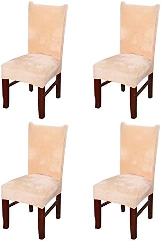 Hemons 4 X Universal Stretch Fox Pile Fabric Chair Covers Removable Washable Ceremony Hotel Dining Room Kitchen Bar Dining Seat Cover Restaurant Wedding Part Decor (Beige)