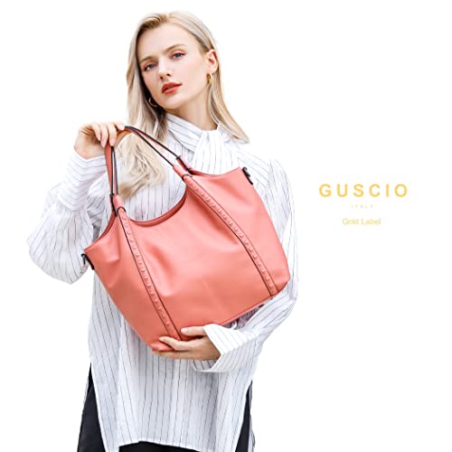 Gusio Italy 171077 Women's Tote Bag, Set of 2 with Pochette, A4 & PC Storage, Shoulder Bag, On-Off Use, High Visibility, PU Leather, Recruitment, Commuting, Business, Women's, coral pink