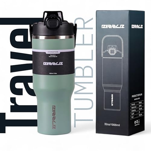RIIZZLR® 1000ml Insulated Water Bottle Tumbler with 2-in-1 Straw & Sip Lid – Stainless Steel Vacuum Flask, Double Wall, BPA-Free, Leakproof, Wide Mouth, Keeps Drinks Hot 12H / Cold 24H (Sage Green)