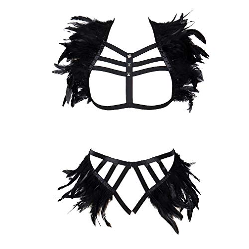 Women Harness Feather Epaulette Bralette Strappy Full Body Frame Set Festival Rave Halloween Burning Man Wing (Black O712+L0063)