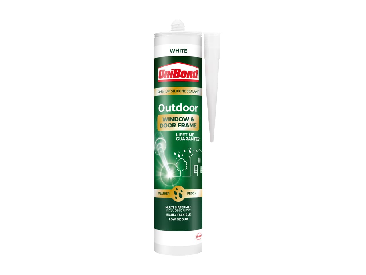 UniBond Outdoor Window and Door Frame Sealant, Premium Silicone Sealant Suitable for Use on Various Materials*, Waterproof and Weather Resistant, White, 1 x 392g Cartridge