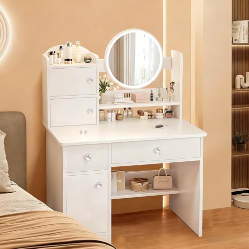 Vabches Tocador con Luces LED Regulables, Mesa de Maquillaje con 2 cajones, 3 Puertas y 1 Estante, Espejo de Pantalla táctil con iluminación Regulable,Tocador para Dormitorio(Blanco)