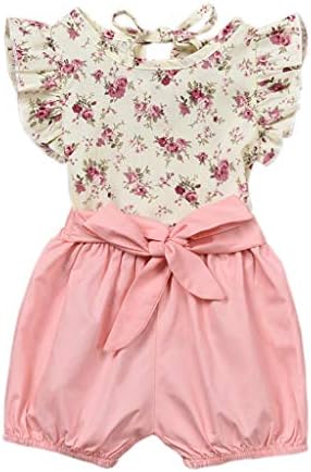 Toddler Baby Girls Clothes Floral Ruffle Sleeveless Shirt Tops +Pink Bowknot Short Pant Sets Summer Outfits