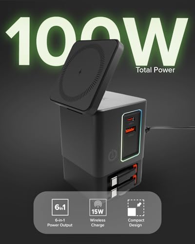 SBS Power Dock 6in1 100W USB-C, Wireless Charging 15W, Compatible with MagSafe, Power Delivery (PD 3.0 PPS), Charging Station with 2 Retractable Cables, Adapter for Laptop, iPhone, AirPods, Black | Power Delivery (PD 3.0 PPS) Charging Station with 2 Retractable Cables Adapter for Computer, iPhone, Black