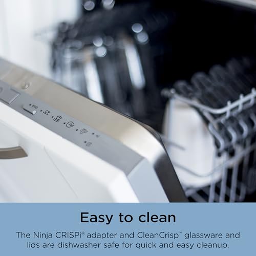 Ninja Crispi Sistema de cocción de freidora de aire de vidrio portátil 4 en 1, recipientes de vidrio de 4 cuartos y 6 tazas con tapas de almacenamiento, comidas fáciles, apto para microondas, congelador y lavavajillas, freír al aire, hornear y más, bígaro, FN101PL