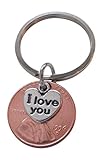 I Love You Heart Charm Layered Over 1996 Penny Keychain, 21 Year Anniversary Gift