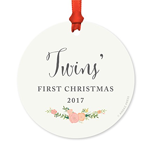 Andaz Press Round Metal Christmas Ornament, Twins' First Christmas 2019, Ivory Floral Roses, 1-Pack, Includes Ribbon and Gift Bag, Baby Shower Decorations