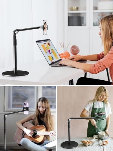 elitehood Overhead Phone Mount with Heavy Duty Base, Height Adjustable Phone Stand for Filming, 38cm Long Arm iPhone Holder for Video Recording, Overhead Tripod for iPhone 15 14 13, Android Cell Phone
