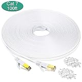 Cat 7 Ethernet Cable 100 ft, Long Outdoor Flat Internet Network Patch Cord with Clips,Faster Than Cat6 Cat6a Cat5e with Gold Plated High Speed RJ45 LAN Wire for Gaming,MAC,Desktop,ADSL,LAN-White