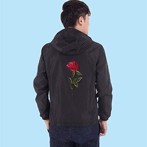 Sunisery Men's Women Casual Hooded Jacket Windbreaker Embroidery Rose Spring Fall Streetwear College Style (M, Black)