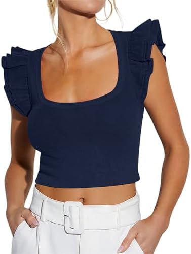 Women Shirred Tank Top Ruffle Sleeveless Tanks Frill Pleated