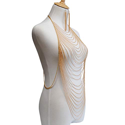 Alloy Multilayer CrossTassel Chain with Ear Ring, Sexy Belly Women Golden Tassel Crossover Bikini Body Chain Necklace with Gift Box (Gold Ear Ring with Body Chain) - Thumbnail 2