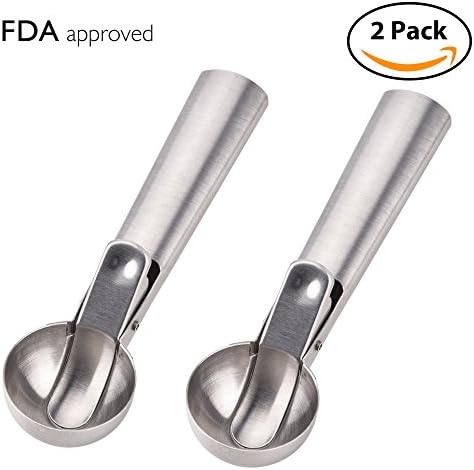 BASEIN 2 Pack Solid Stainless Steel Ice Cream Scoop with Wide Handle Easy Release Trigger Ice Cream Dipper Melon Baller Cookie Scoop, FDA Approved