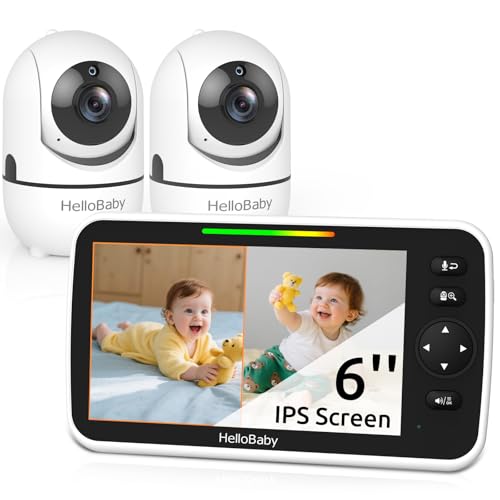HelloBaby Baby Monitor 2 Cameras, 6'' World First IPS Split-Screen 30H Battery, No WiFi 2-Way Audio, Video, VOX, Double Cameras Pan-Tilt-Zoom, Night Vision, 8 Lullabies, 1000ft for Twins