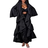 Voghtic Women's Ruffle Long Cardigan Fall Long Sleeve Open Front Plus Size Lightweight Maxi Duster Coat Outerwear