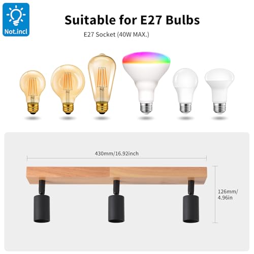 LVWIT LED Spotlights Indoor Wooden Ceiling, Ceiling Lamps with 3 Bases, Ceiling Spotlights with E27, Adjustable Black Ceiling Lamp, Indoor LED Spotlight for Living Room, Bedroom, Kitchen, Hallway (without Bulb)