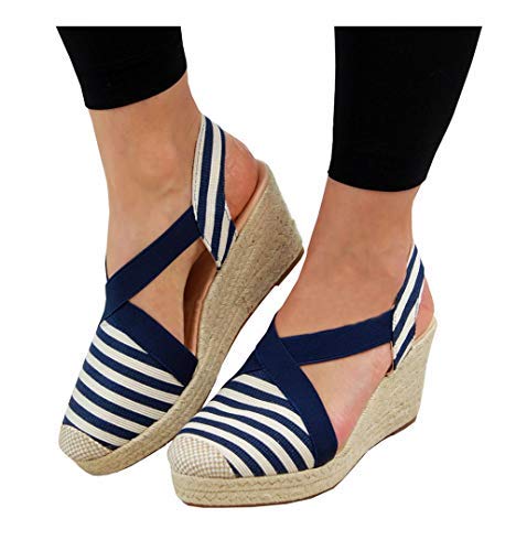 PiePieBuy Womens Espadrille Platform Wedge Sandals Closed Toe Mid Heel Ankle Sandals (11 B(M) US, 1-Navy)