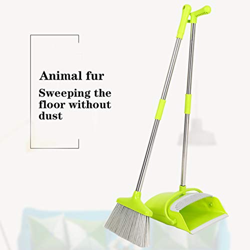 Leadmall Dustpan Broom Set | Upright Standing Dust Pan Cleans Broom Combo with Long Handle | Stainless Steel Light Weight Cleaning Tools for Home Kitchen Room Office Lobby Floor Use (Green)
