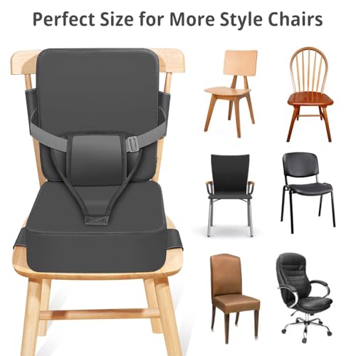 YOOJ® Toddler Booster Seat for Kitchen Chair, 2-in-1 Dining Table Booster Seat with Backrest & Adjustable Straps, PU Portable Toddler Eating Travel Increasing Cushion, Easy to Clean (Dark Grey)