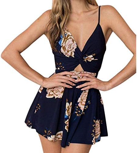 ZHRUI Jumpsuits Women Harem Culotte,Summer Navy Short Mini Petite Jersey Floral Off Shoulder Bandeau Wide Leg New Occasion Beach Holiday (Color : Navy, Size : L UK 10-12)