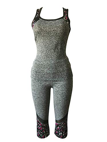 Women Gym Yoga Workout Activewear Set 2 Pieces Top Leggings Sportswear Tracksuit Set (S/M = US 4-8, 02 Grey Mix) - Thumbnail 3
