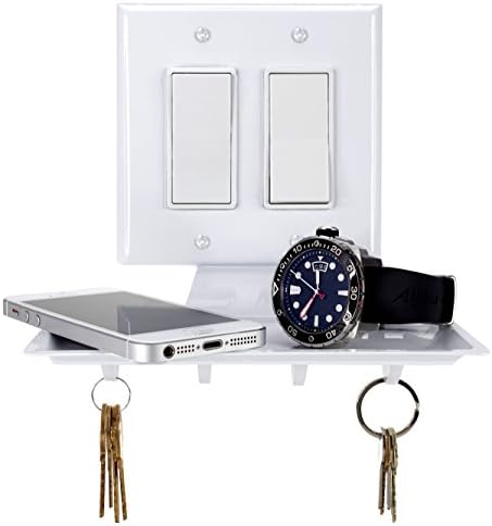 Double White Wide Decora Light Switch Plate Cover Tray with Key Hooks - Easy to Install - Sturdy Coated Metal - Never Lose Your Wallet Keys or Phone Again