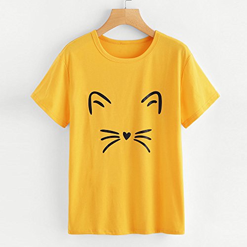 AOmahh Women T Shirts,Crewneck Short Sleeve O-Neck Cute Cat Print Loose Causal T-Shirt Yellow