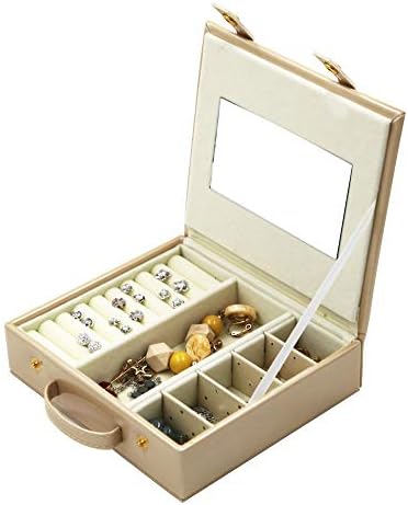 Aptoo Faux Leather Jewelry Box, Travel Jewelry Case Organizer with Mirror for Rings Earrings Necklace, Gifts for Women Girls - Beige