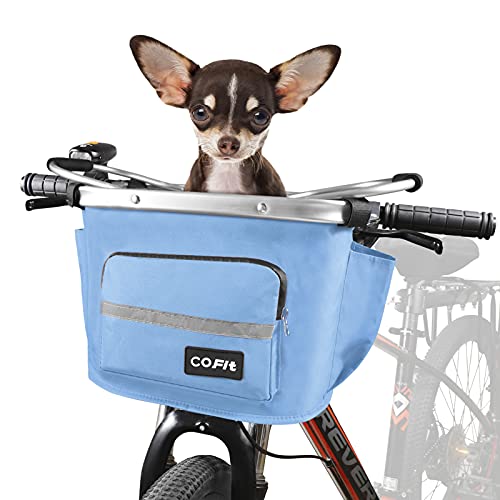 COFIT Detachable Bike Basket, Multi-Functional Collapsible Bicycle Front Basket for Pet, Shopping, Commuter, Camping and Outdoor, Upgraded with Pouches Blue