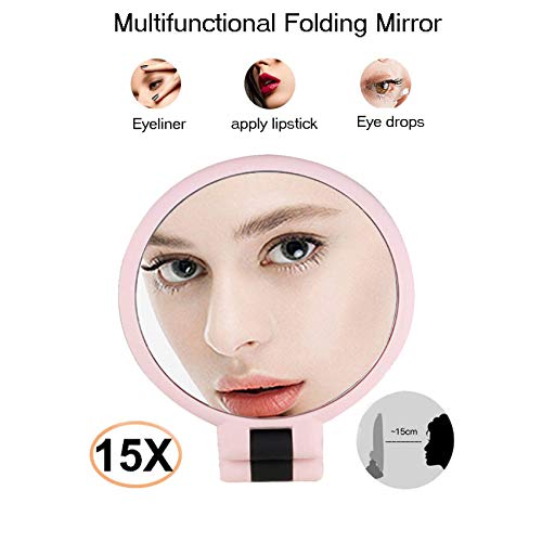 15x Magnifying Handheld Mirror,High Definition Magnified Mirror,Travel Folding Double Sided Pedestal Makeup Mirror,1/15x Magnification Compact Size Portable Vanity Standing Round Cosmetic Mirror(Pink) - Thumbnail 2