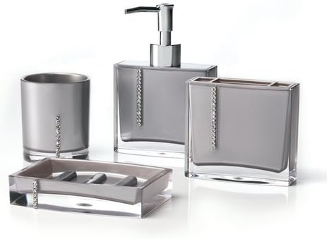 Immanuel Cristal 4-PIECE Bathroom Accessory Set with Tumbler, Toothbrush Holder, Lotion Dispenser and Soap Dish (Silver)