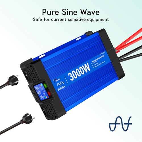 ETREPOW 3000 W/6000 W Inverter 12 V 220 V Pure Wave with Remote Control, 2 EU Sockets, 2 USB + Type-C Ports, for Household Appliances, Caravans, Camping Voltage Converter.