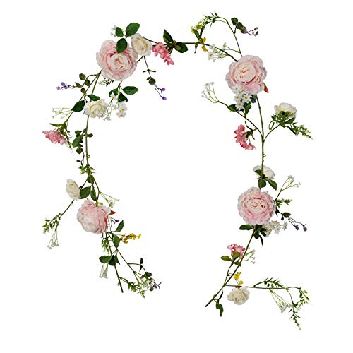 FLCSIed Artificial Peony Flower Garland - 6ft Silk Peony Garland with Pink and White Flowers for Wedding Party Table Decoration