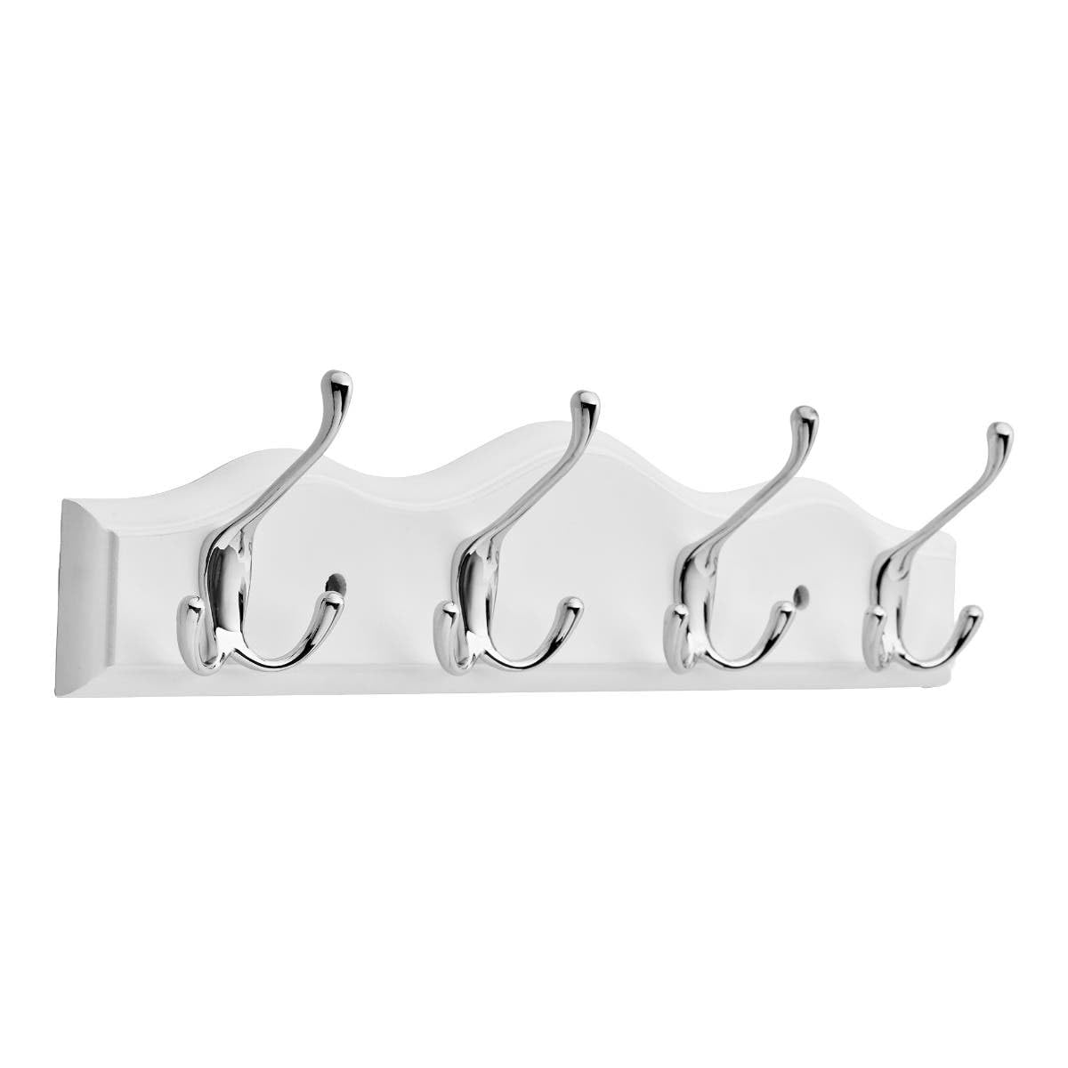Hiatt Hardware 4 Three Prong Hat and Coat Hooks - Polished Chrome on White - Wavy Design Wall Rack - Hookrail