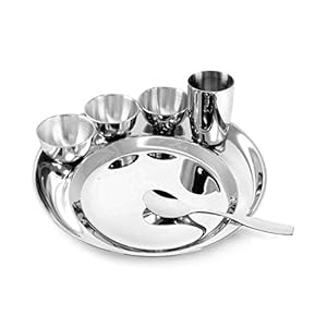 BI Smart Kitchen Ragga Dinner Set Full Plate-1, Katori-3, Halwa Plate-1 Spoon-1 Steel Glass(7 PCS Set)