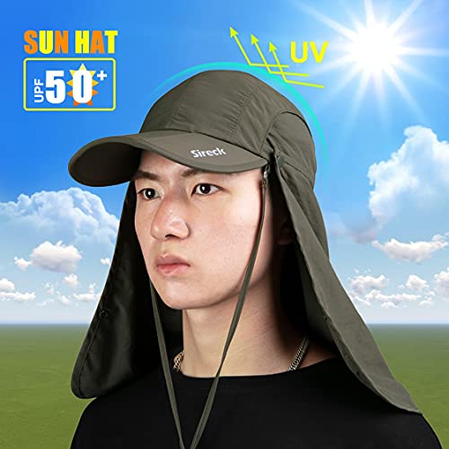 Sireck Fishing Hat Sun Cap, Outdoor UPF 50+ Safari Hat with Removable Neck Flap, Breathable & Sun Protection Hiking Hat Bucket Hats for Men Women (Army Green)
