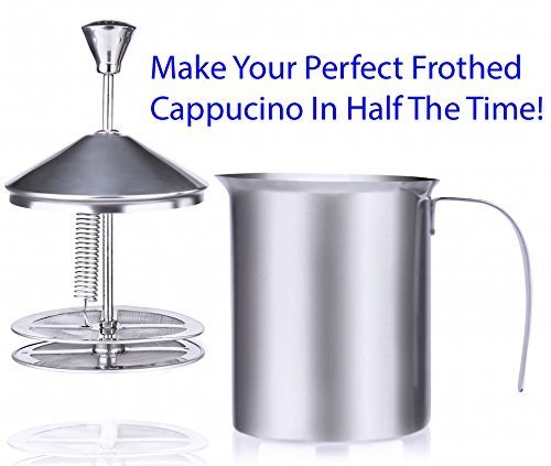 Great Stainless Steel Milk Frother & Creamer (800 Ml - 27 Oz) with Durable Double Mesh and Strong Spring. Make Your Coffee, Latte or Hot Chocolate with Fluffy Foamy Froth Today!