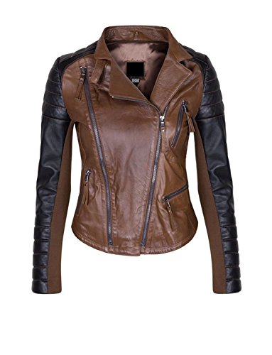 Hryfashion Women Trendy Contrast Leather Jacket HRYKATRINA1-BLACKBROWN-US XL