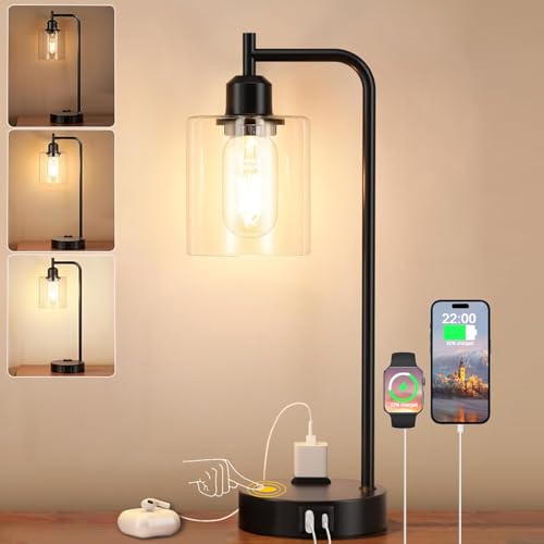 Lámpara de Mesa y Buró táctil, Lámparas de Mesa con 2 Puertos USB (A+C) y 1 Salidas de CA, 3 Niveles de Brillo, Lámpara de Escritorio para Dormitorio (bombilla incluida) (1 piezas)