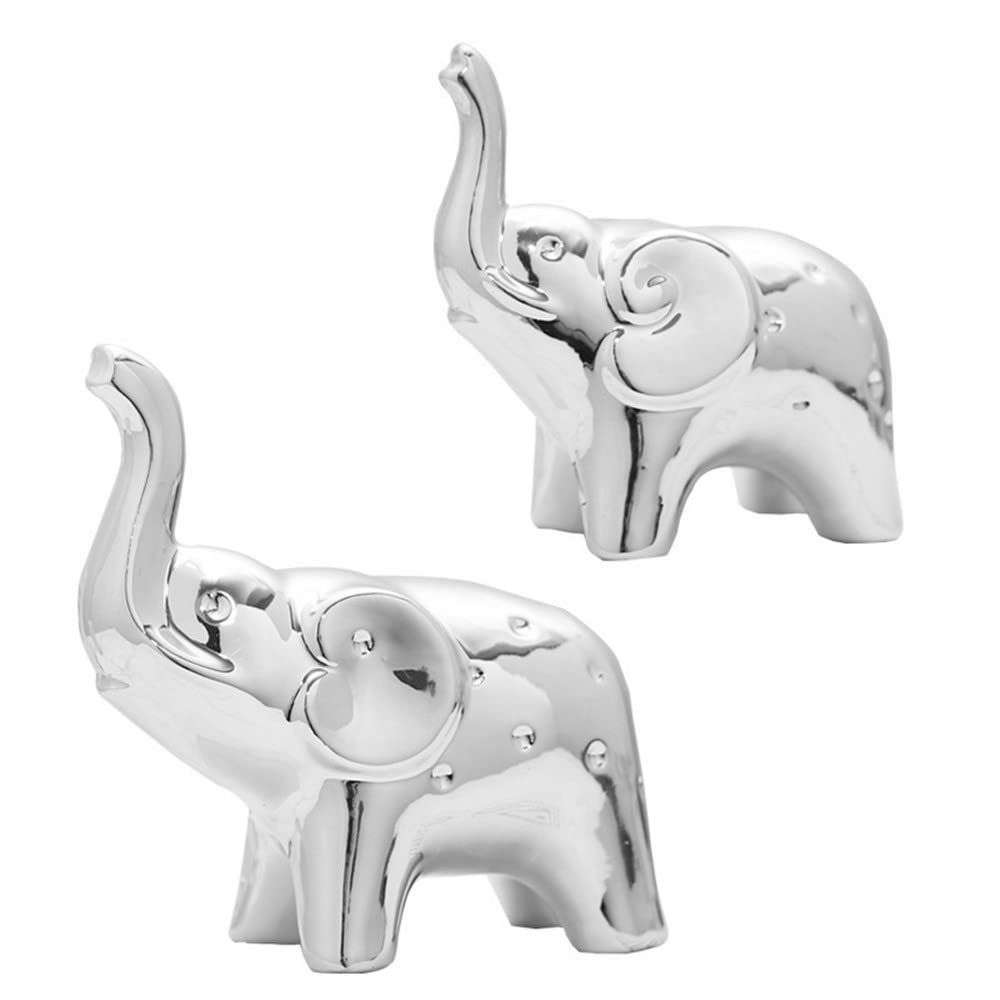 Pair of Ceramic Elephant Statue Ornaments, Modern Gold Decorative Sculptures - for Living Room, Bedroom, Desk, Cabinet (2 Pieces，Silver)