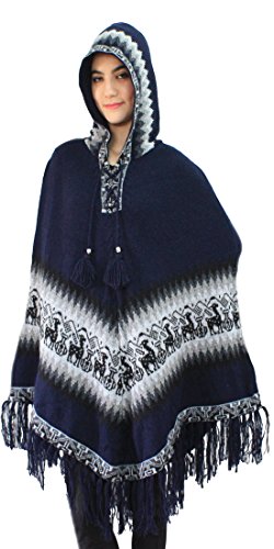 Women's Alpaca Wool Hooded Poncho Cape Knit Yarn Coat Llamas Design (Navy Blue)