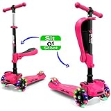 Hurtle 3 Wheeled Scooter for Kids - 2-in-1 Sit/Stand Child Toddlers w/Flip-Out Seat, w/Footrest, Adjustable Height, Wide Deck, Flashing Wheel Lights, for Children 1 to 14 Year-Old, for Outdoor- Pink
